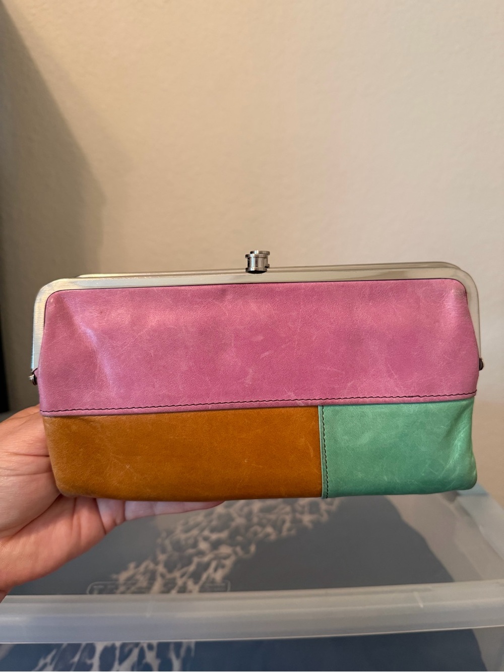 HOBO Leather Frame Wallet Clutch Colorblock Orange Pink Green - Picture 3 of 8